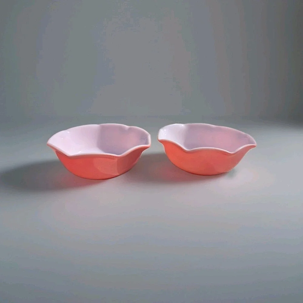 Vintage Hazel Atlas Crinoline Pink Platonite Berry Bowls Set of 2 Scalloped MCM - Picture 2 of 6